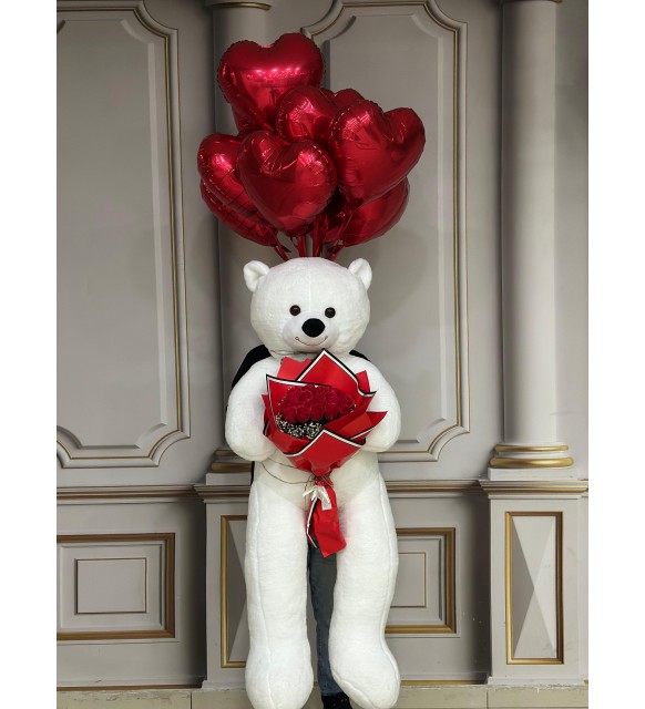 Ayıcık kırmızı gül kalpli balon